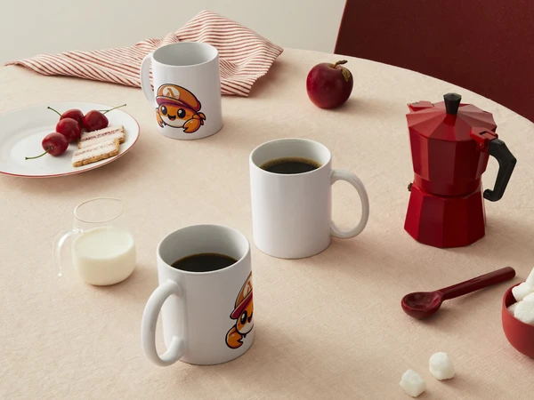 A breakfast table with coffee mugs, some milk, cherries, biscuits and a red coffee mocha maker.